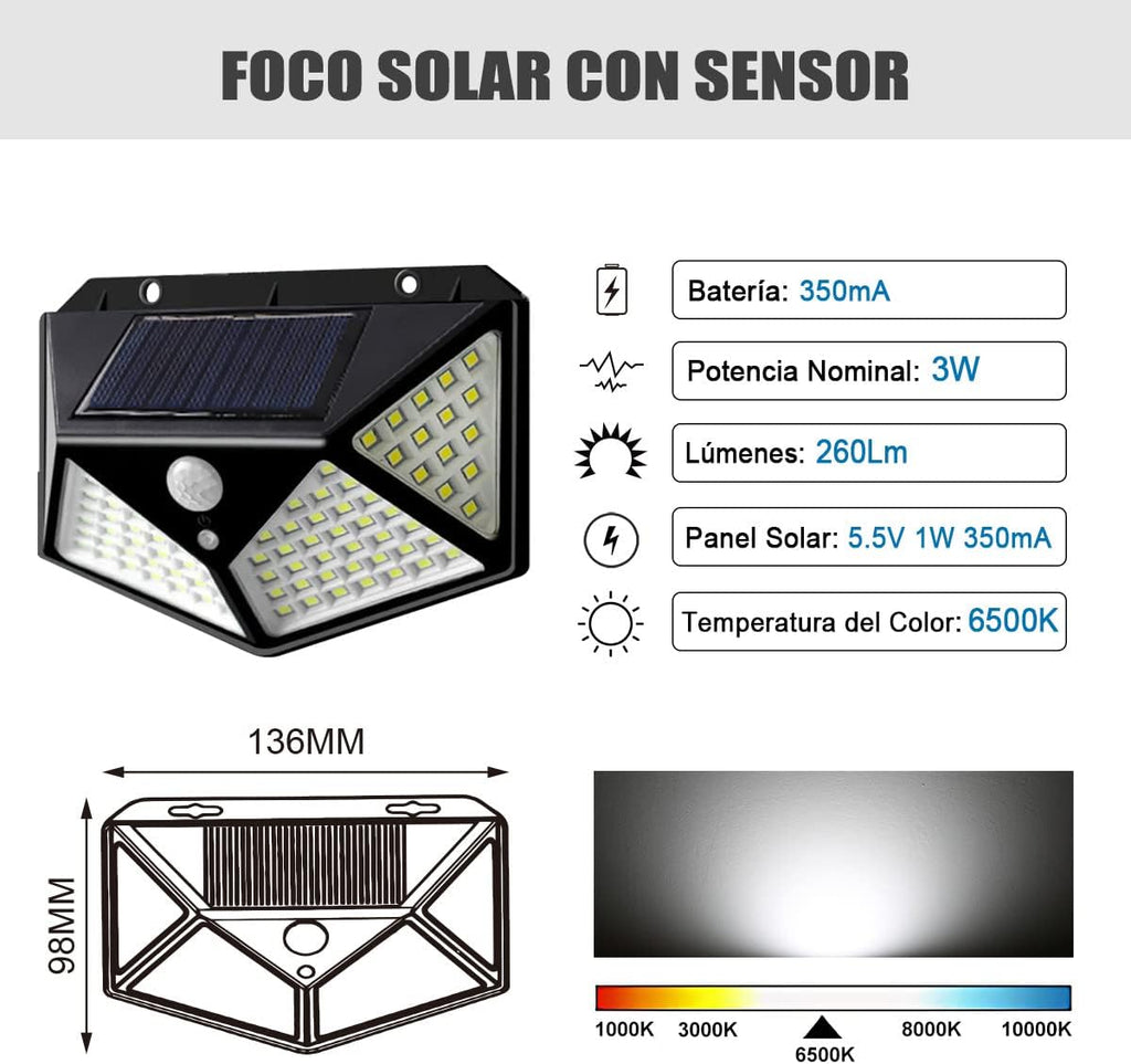 Foco Solar LED 50W con Sensor de Movimiento y Panel Separado.