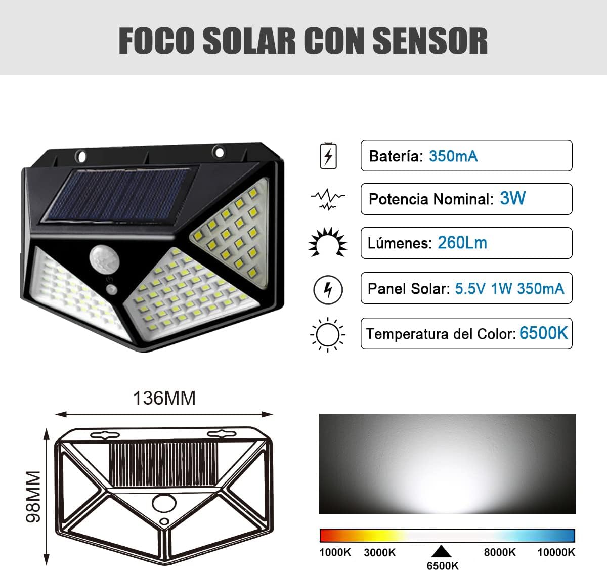 Foco Solar LED 50W con Sensor de Movimiento y Panel Separado.